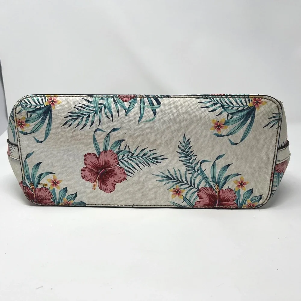 GUESS White Floral Tropical Hibiscus Dome Satchel Crossbody Bag‎ Silver Hardware